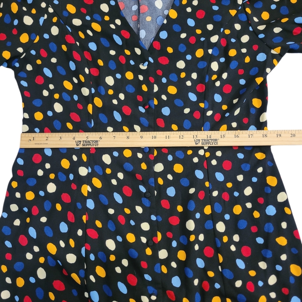 Rihoas Polka Dot Midi Dress Slim Tie Back XL Button Front Fit Flare Black S/S - Picture 8 of 11